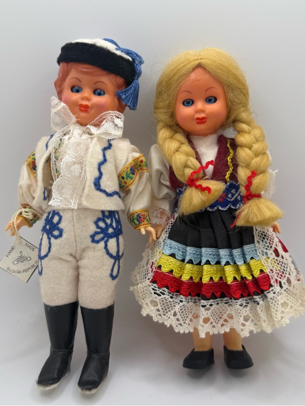 Vintage Slovak Folk Dolls Pair 6” Handmade Lace Ethnic Costume Boy Girl